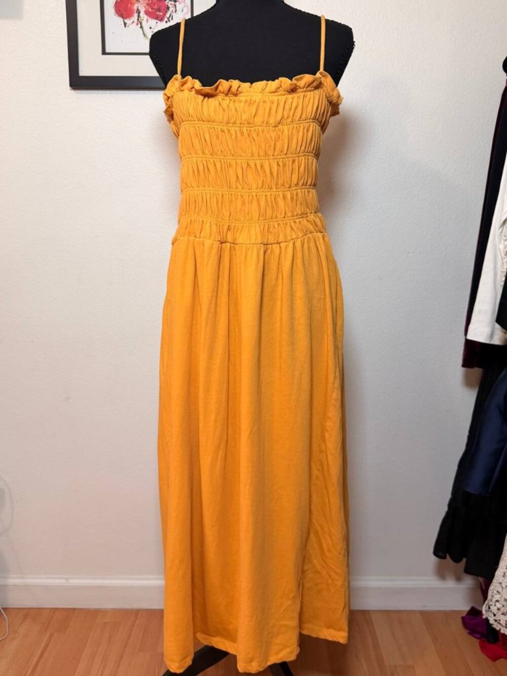 H&M Mustard Yellow Smocked Maxi Dress Boho Cottagecore Sundress Size L